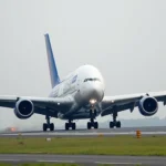 Airbus A380 taking off from Delhi Airport