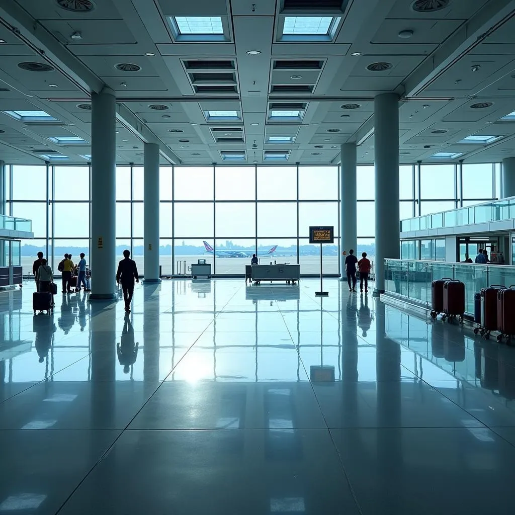 Modern Airport Terminal Interior with Passengers and Baggage Handling System