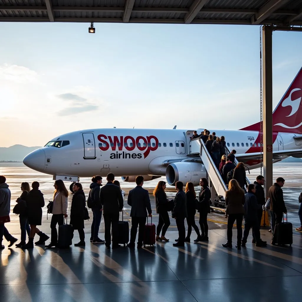  Passengers boarding a Swoop Airlines flight at Abbotsford Airport. 