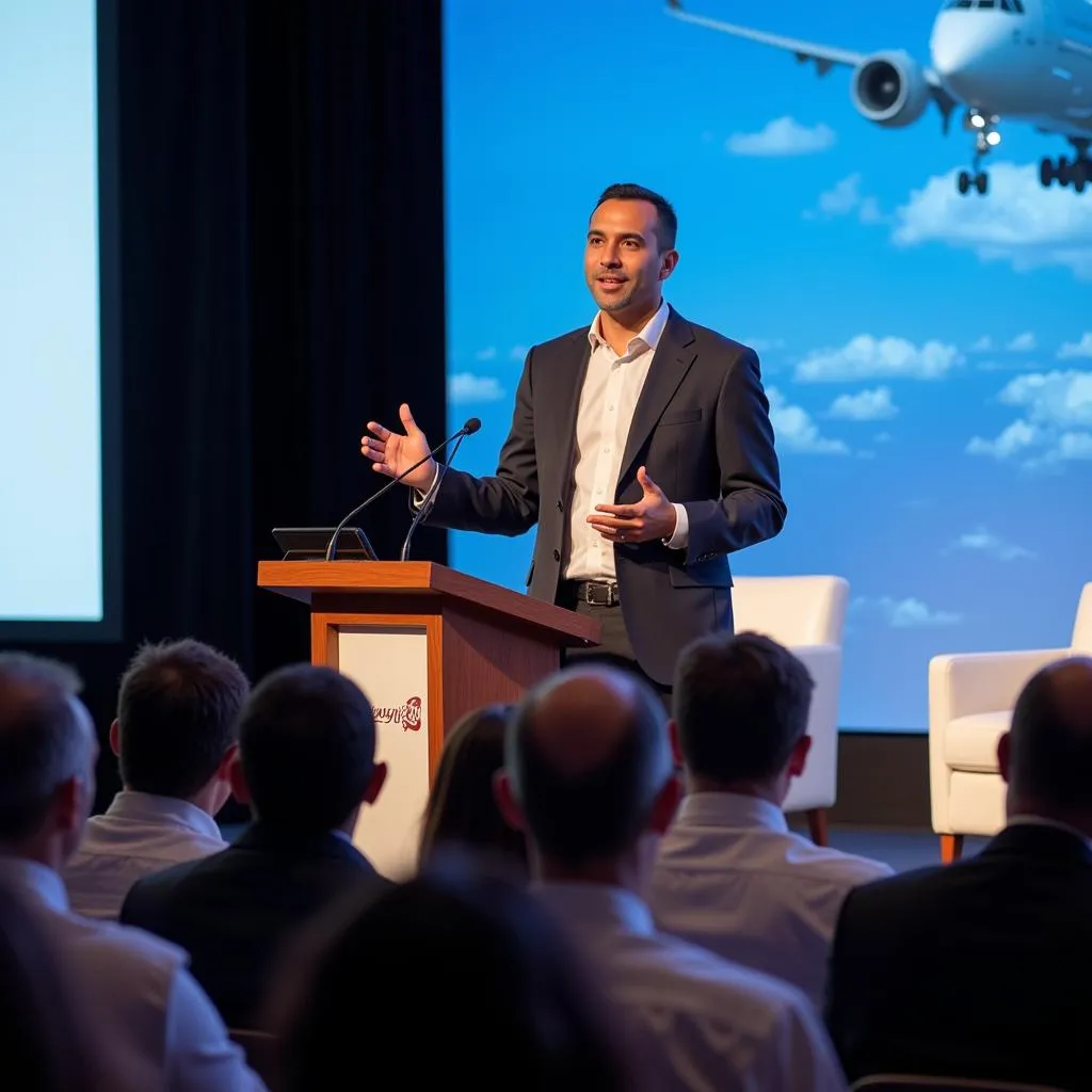 Abdulla Janahi addressing an audience at an international aviation conference