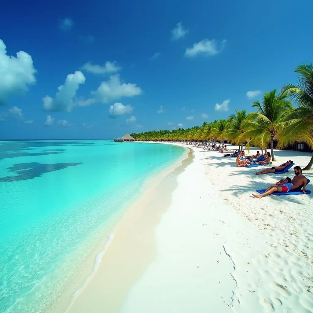 Tourists relaxing on Abemama Atoll's beach