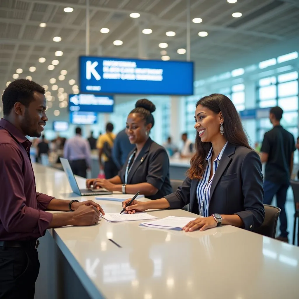 Travelers seeking assistance at the information desk