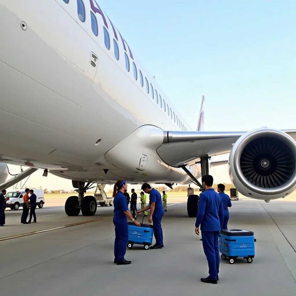 Abu Dhabi airport ground staff preparing an aircraft for departure