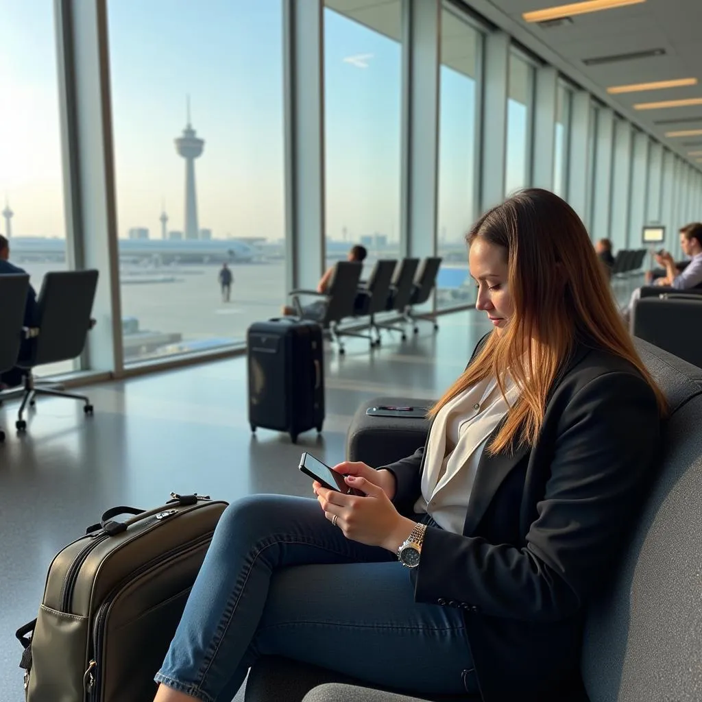 Passenger Using Smartphone at Abu Dhabi Airport