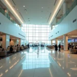 Abu Dhabi airport terminal interior view with natural light and modern design