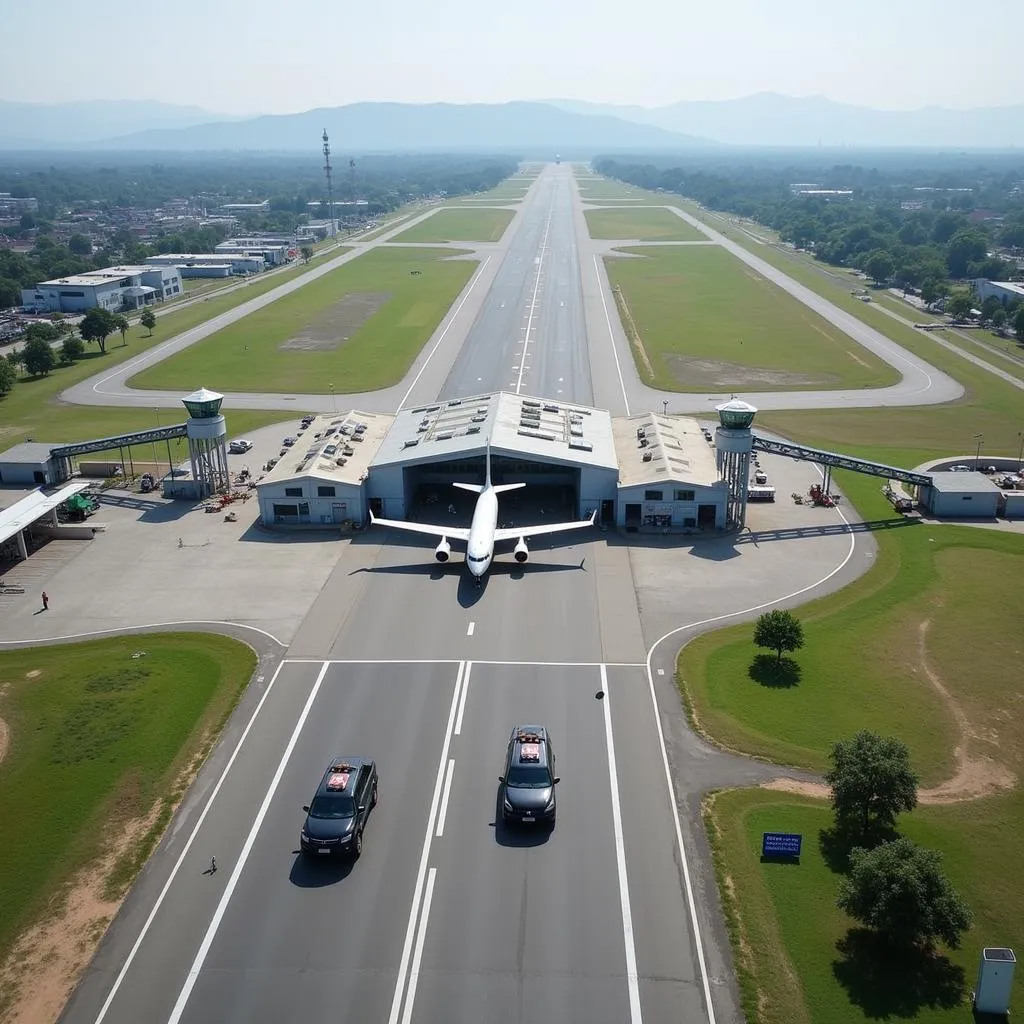 Aerial view of Agartala Airport with CRPF vehicles