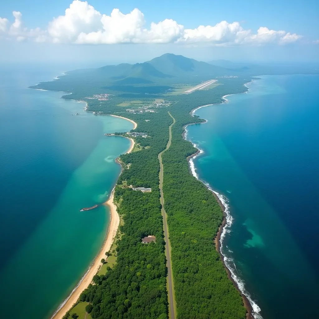 Aerial view of Kerala coastline with TRV airport in the distance