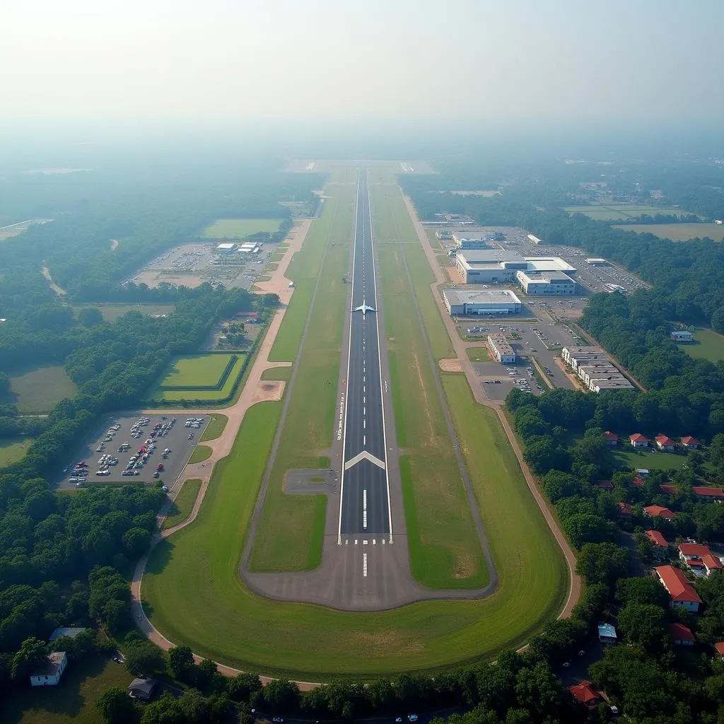 Aerial view of Ranchi Airport showing its runway and terminal building