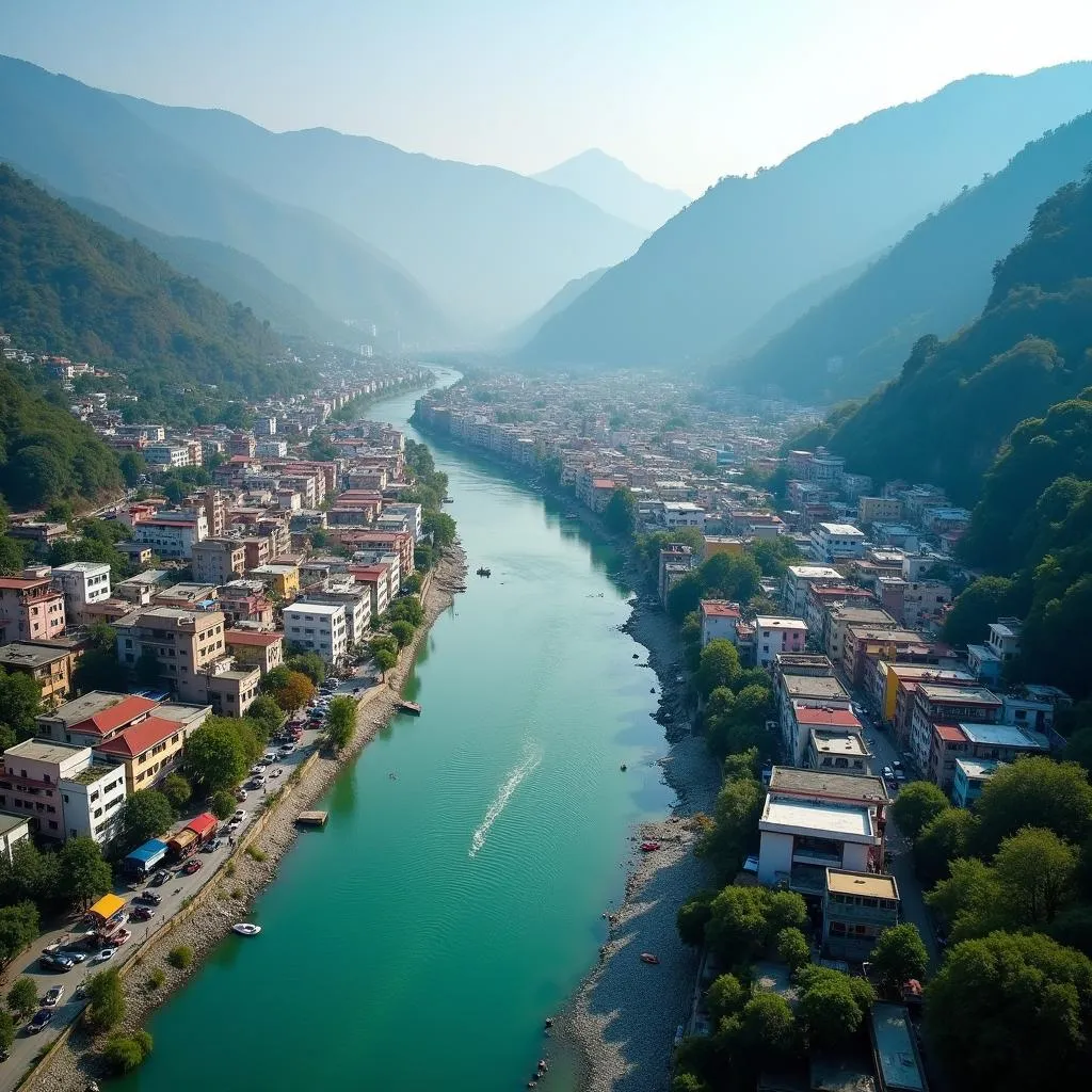 Rishikesh city view with Ganga River and hills