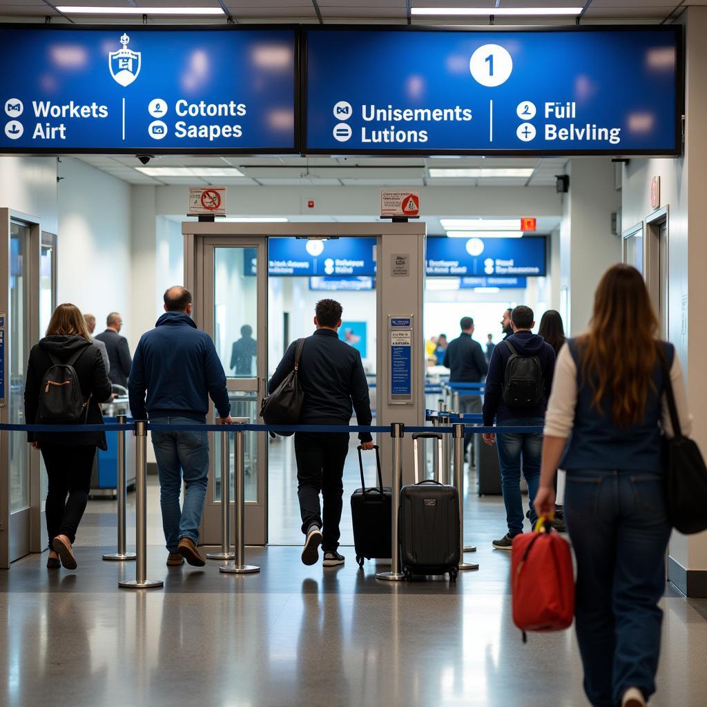 Security checkpoint at an airport with passengers undergoing screening procedures.  Signage and equipment related to customs and border control are visible.