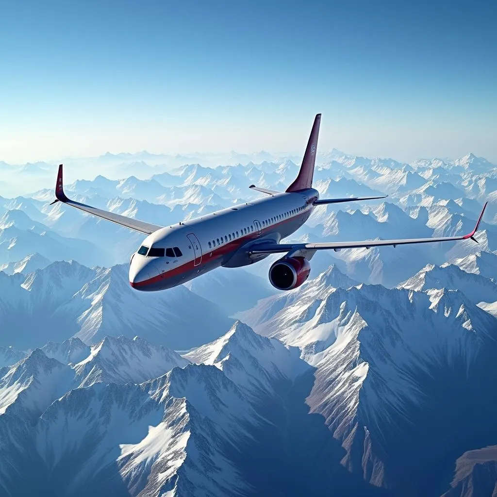 Airplane flying over the Himalayas in Nepal