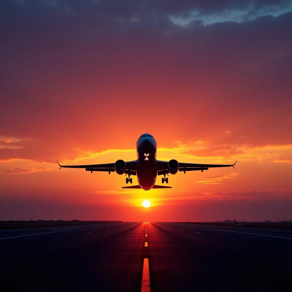 Airplane Taking Off at Sunset