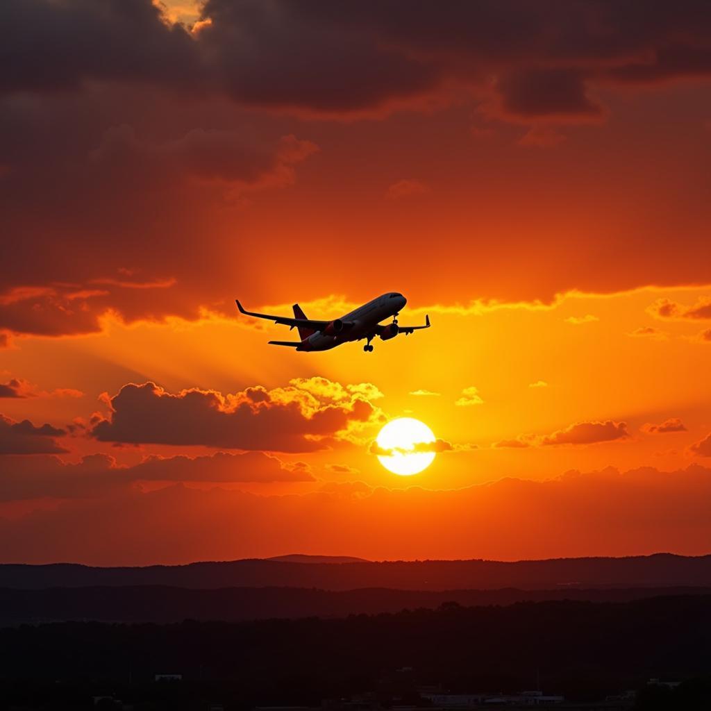 Airplane Taking Off at Sunset