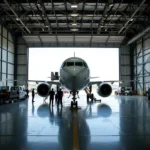 Airplane being worked on by technicians in a large hangar