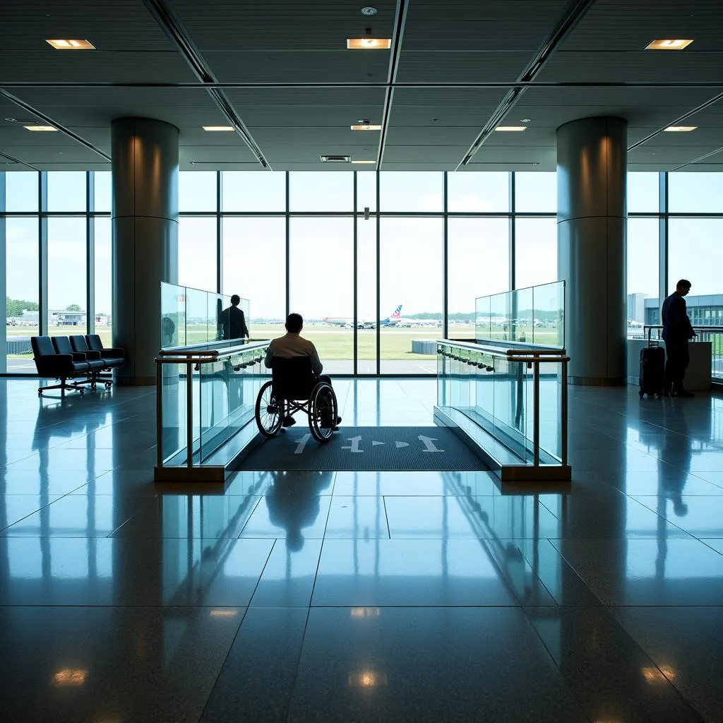 Passengers using a wheelchair ramp at an airport