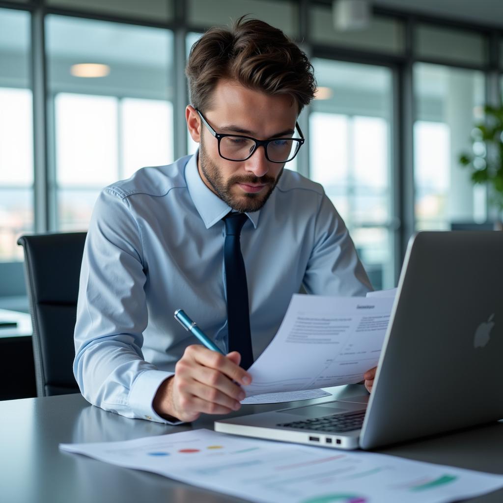 Airport Accountant Reviewing Financial Documents