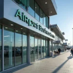 Modern airport business center exterior with glass facade and prominent signage