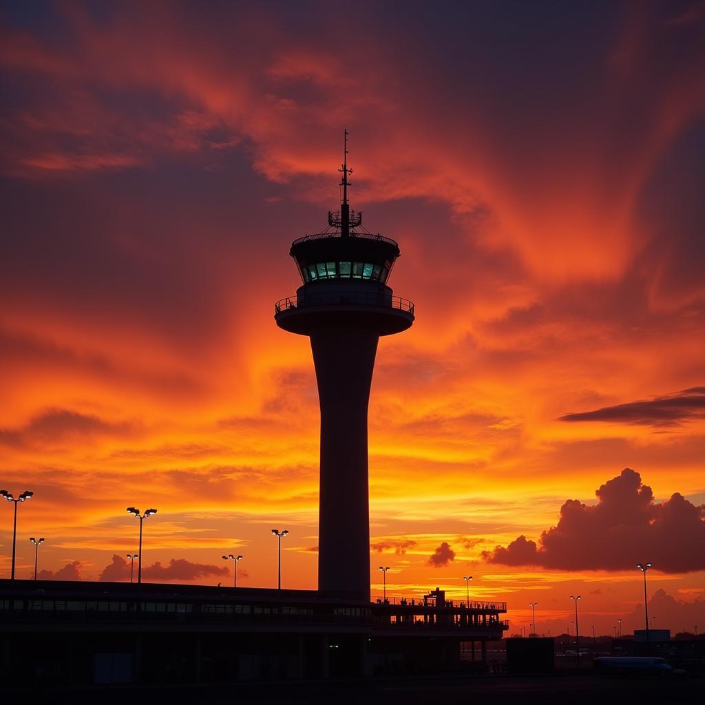 Silhouette of an airport control tower at sunset