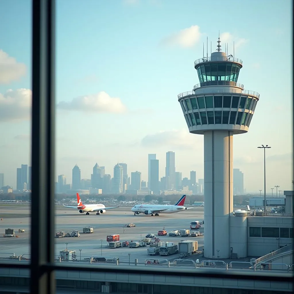 Air Traffic Control Tower and City Skyline