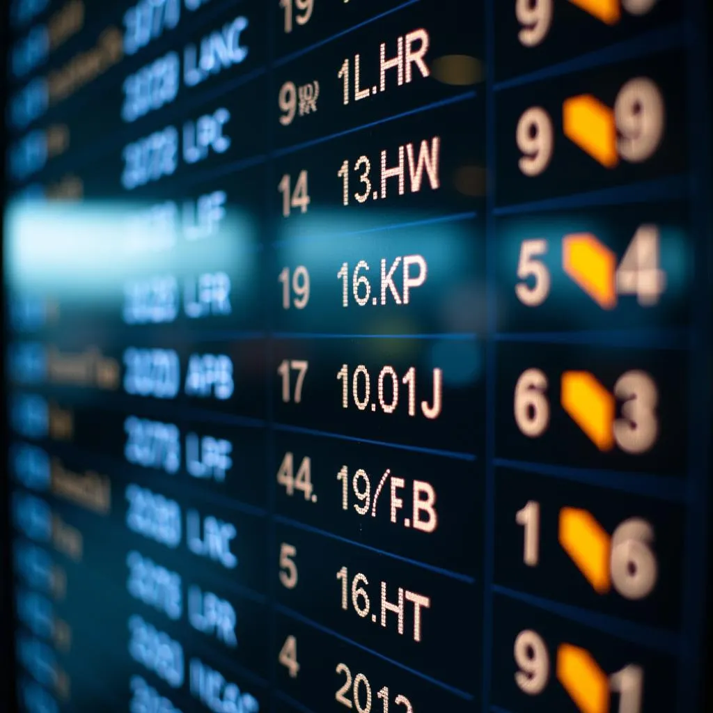 Airport departure board displaying flight information with airport codes