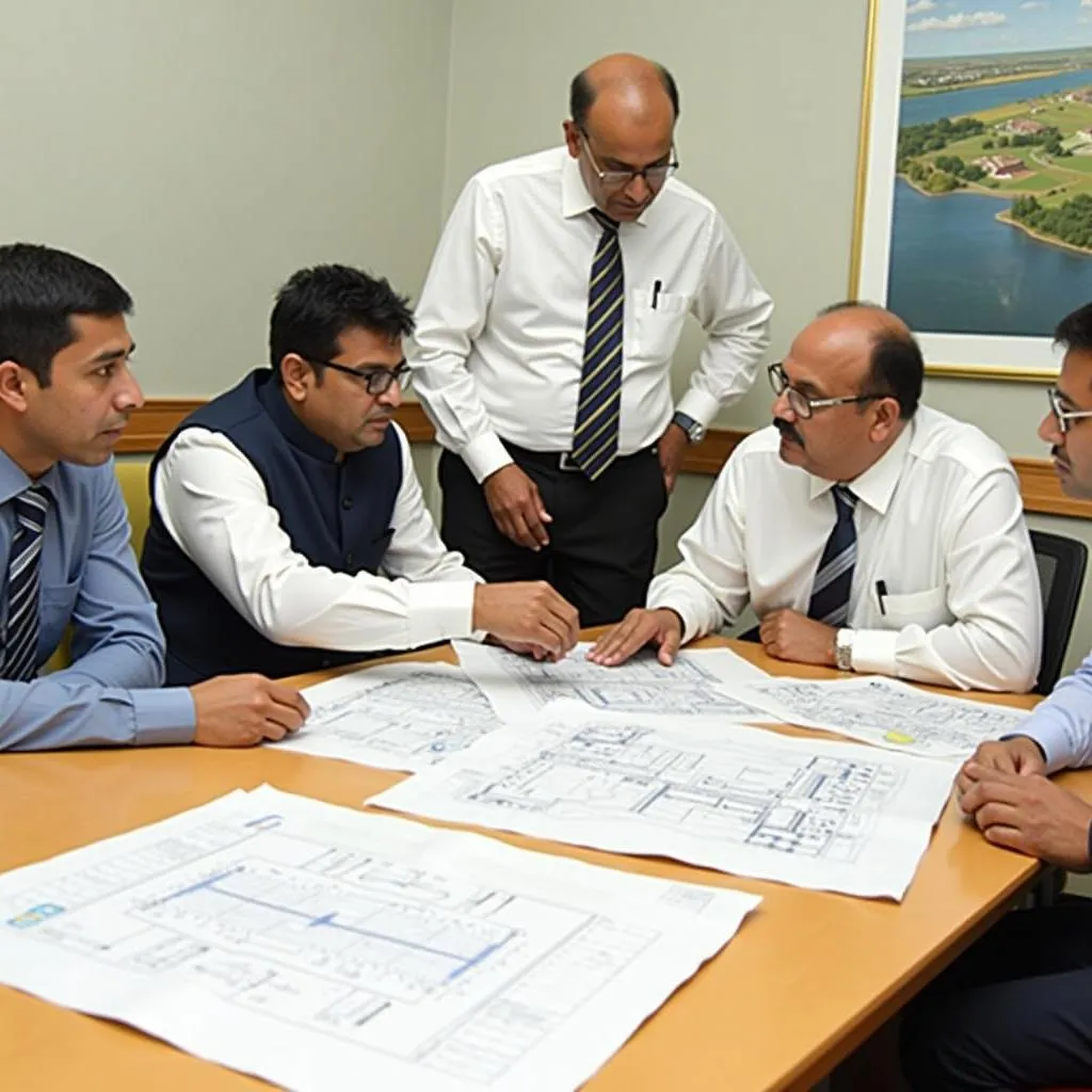 A.V. Krishna, airport director, leading a meeting with colleagues discussing airport expansion plans.