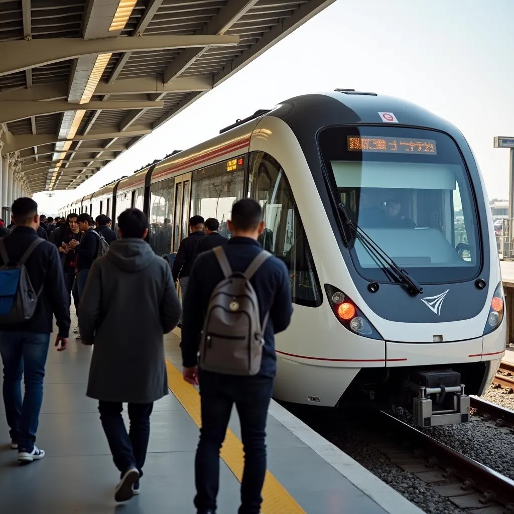 Passengers boarding the Airport Express Metro at Delhi Airport