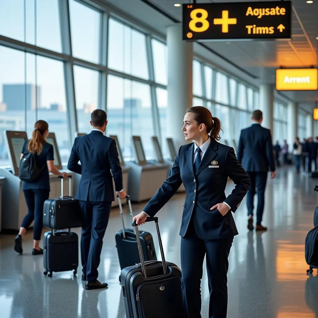 Airport ground staff assisting passengers with luggage and check-in procedures.