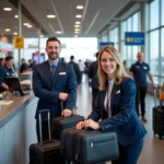 Airport ground staff assisting passengers at check-in