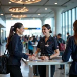 Airport ground staff assisting passengers at check-in counter