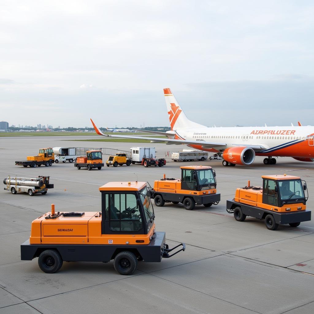 Various airport ground support equipment in action