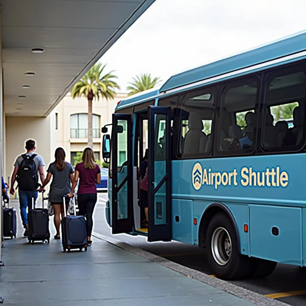 Airport shuttle bus picking up travelers