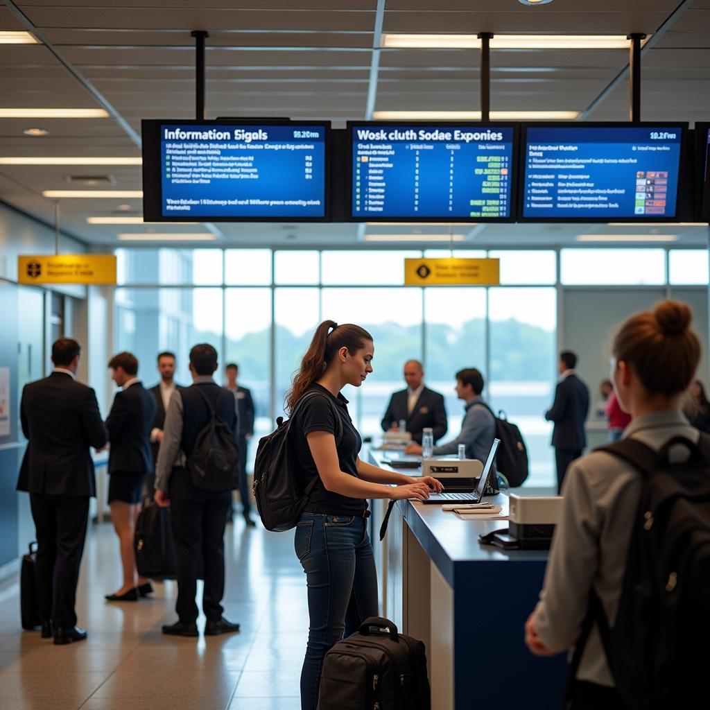 Passengers seeking assistance at the airport information desk