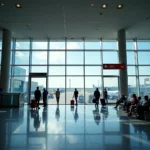 Modern airport main gate entrance with large glass windows and signage.