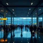 Busy airport terminal at night