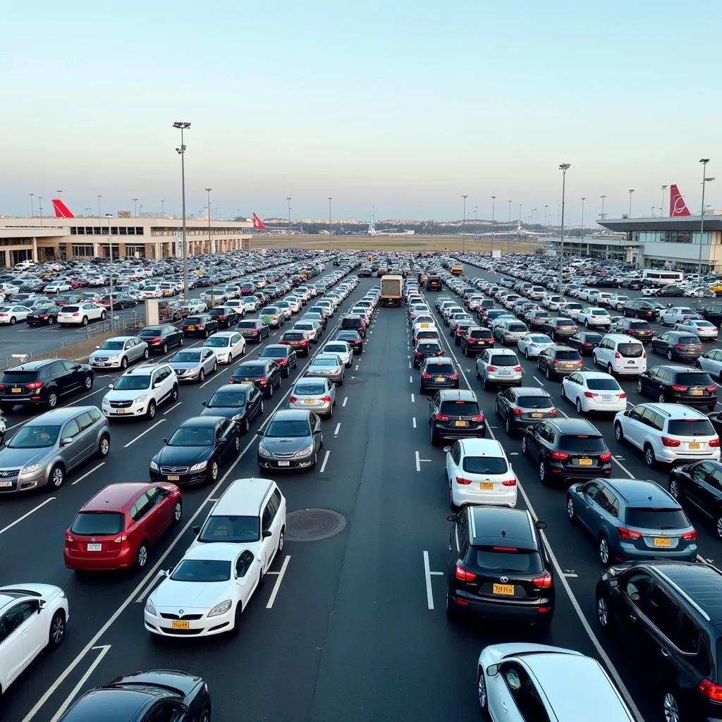 Busy airport parking lot full of cars