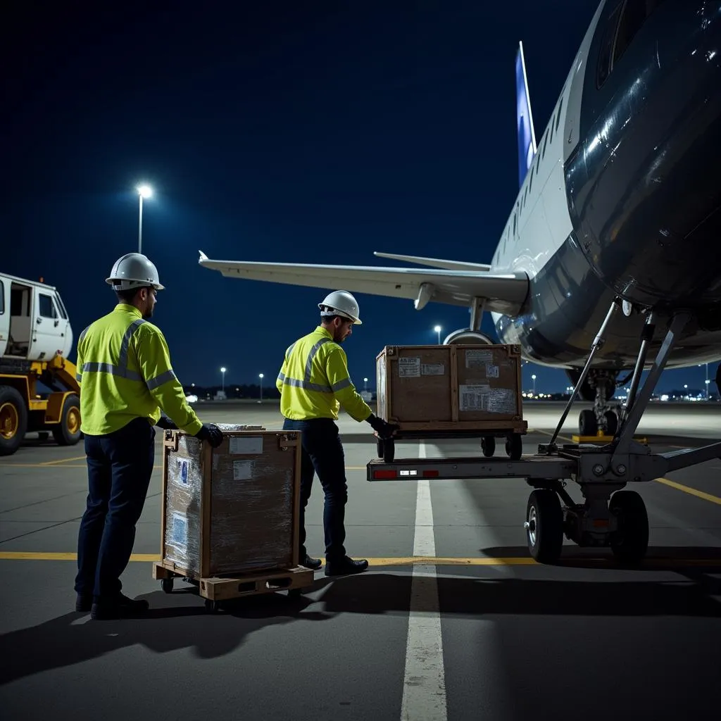 Ramp agent loading cargo onto an airplane at night