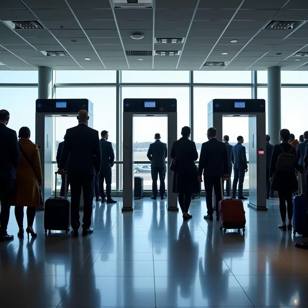 Passengers passing through airport security checkpoint with advanced scanning equipment.