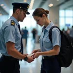 Airport security guard checking boarding pass