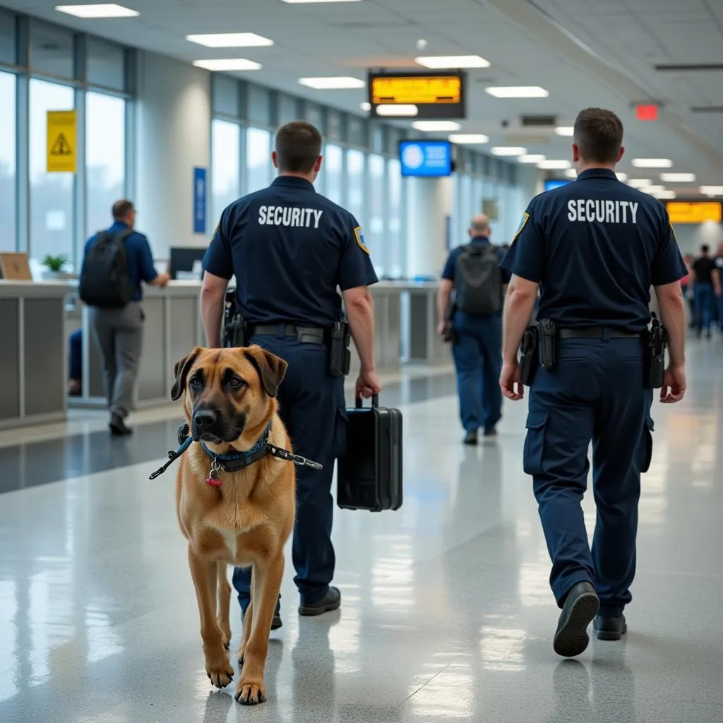 Airport Security Personnel with Sniffer Dog