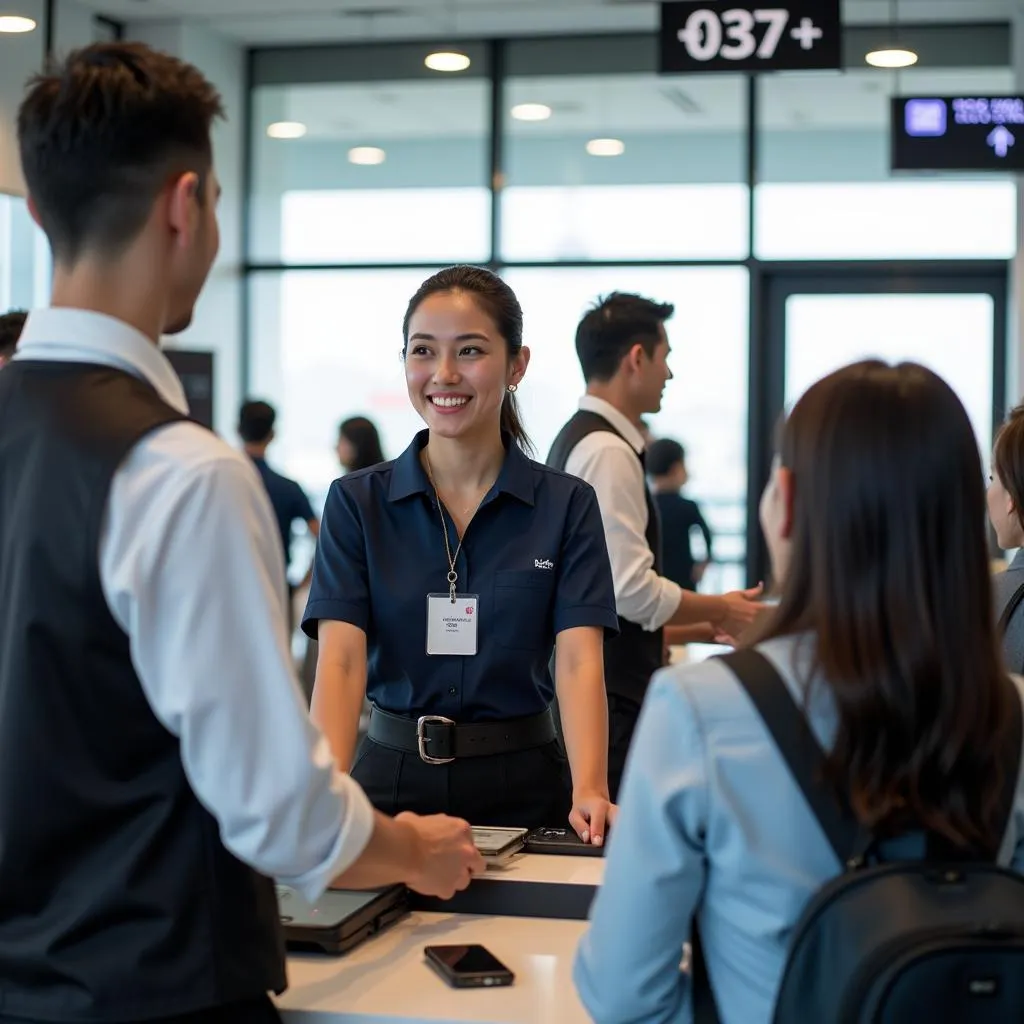 Airport staff assisting passengers