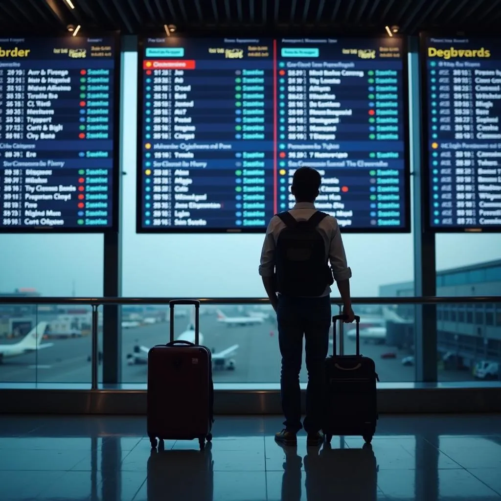 Checking flight information on a departure board