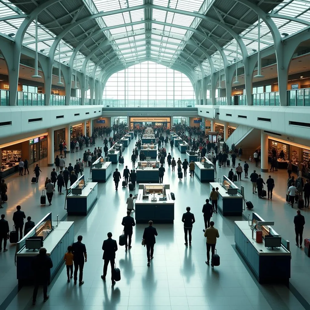 Busy airport terminal with passengers