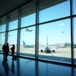 Busy airport terminal with planes taking off and landing