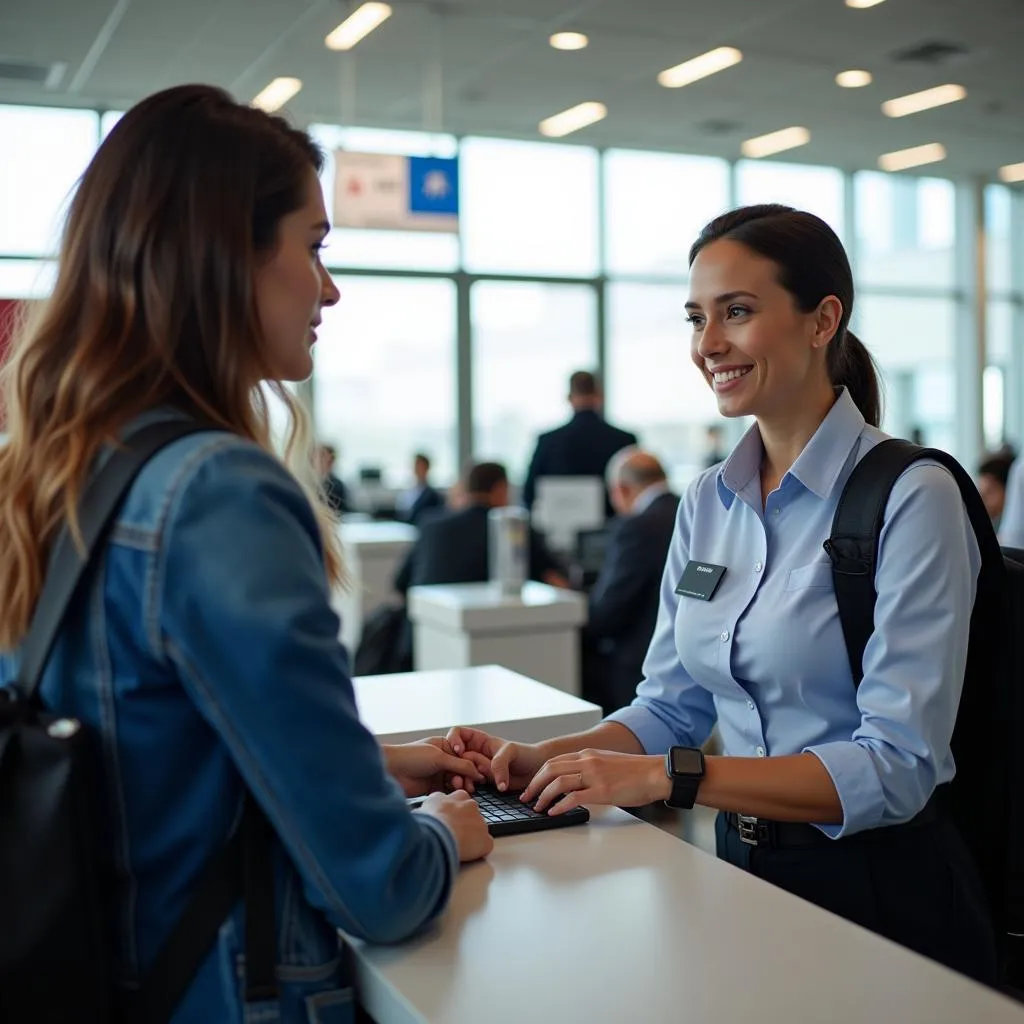 Airport Ticket Counter Agent Checking in Passengers