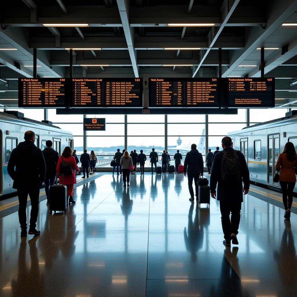 Passengers waiting at an airport train station platform.