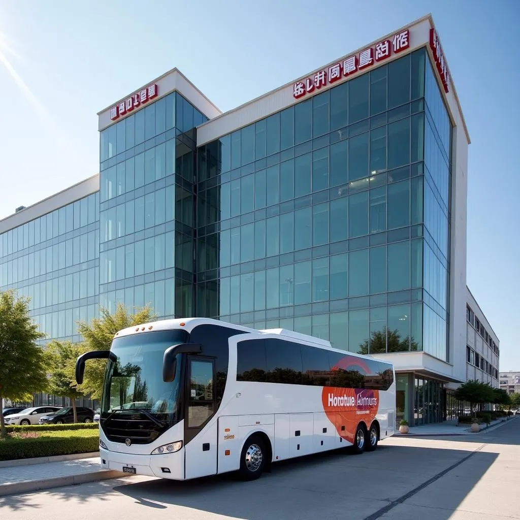 Modern Athens airport hotel exterior with shuttle bus