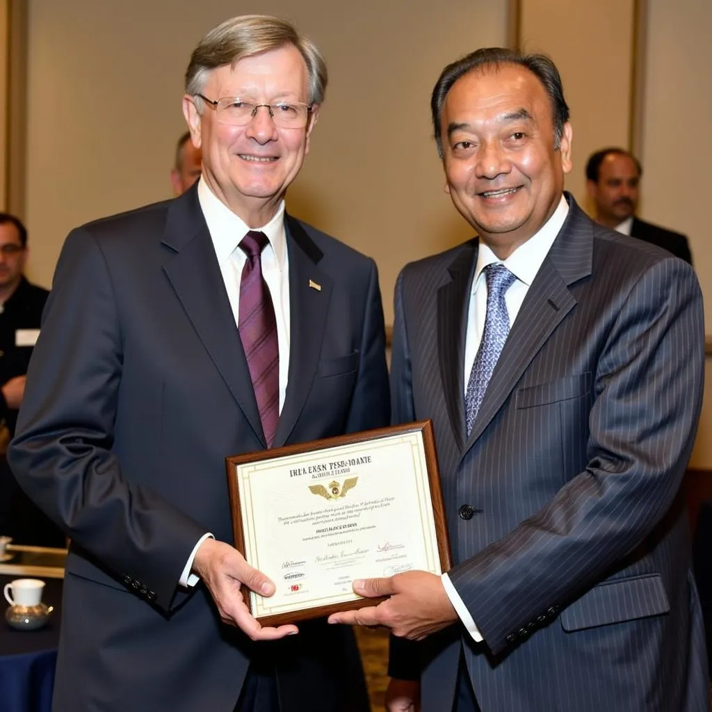 A.V. Krishna, airport director, receives an award for his contributions to the aviation industry.