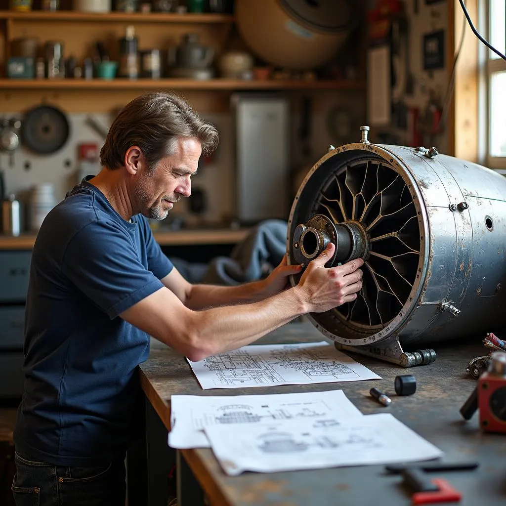 Aviation Enthusiast Working on Airplane Engine