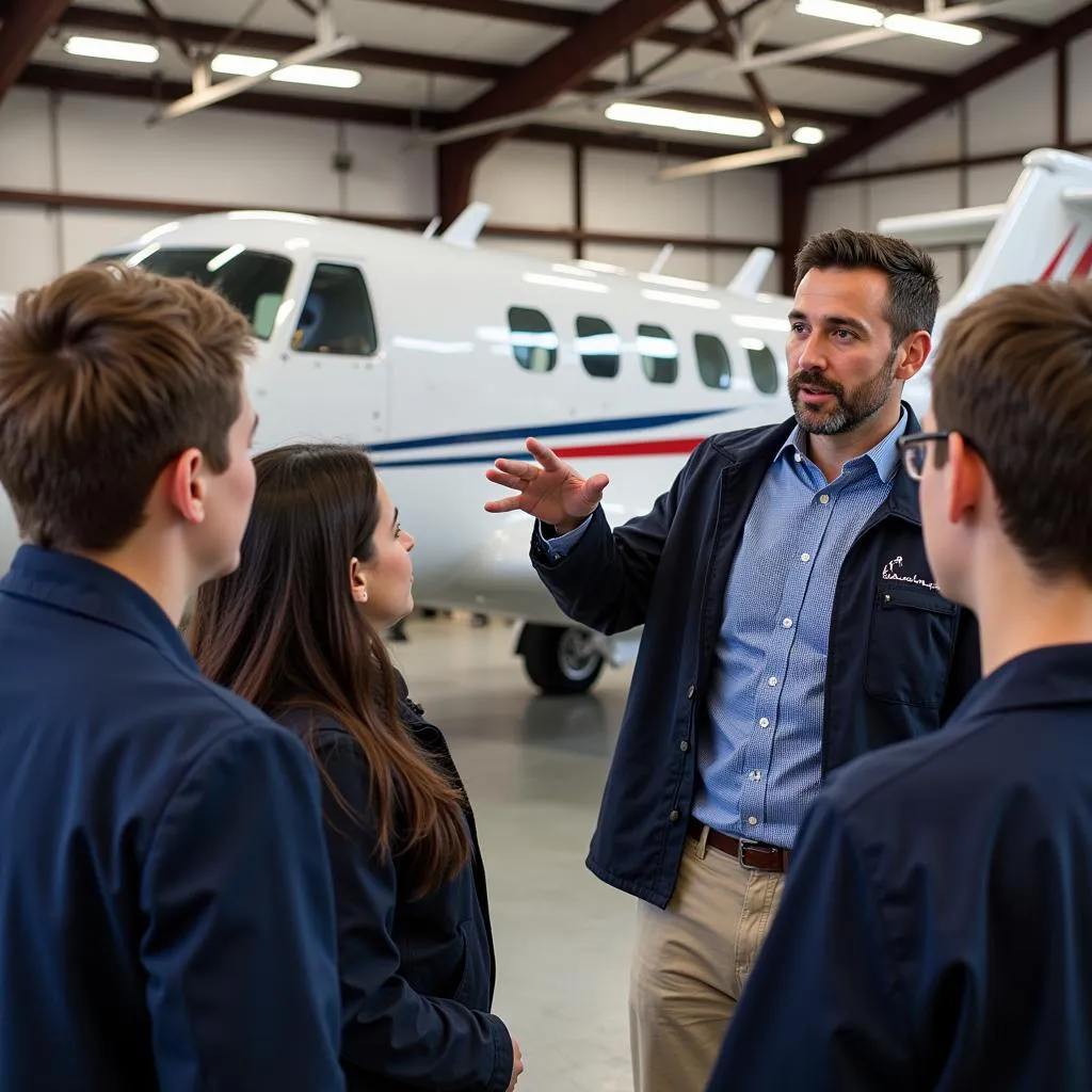 Aviation Professional Explaining Aircraft Components to Students