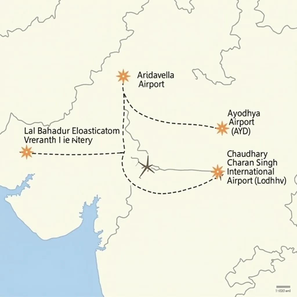 Map displaying Ayodhya and nearby airports